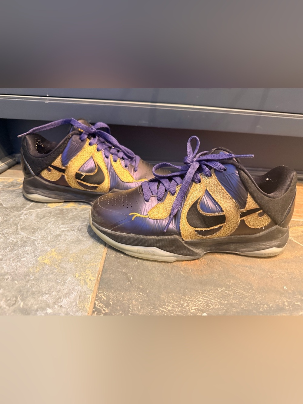 Zoom Nike Kids Kobe 5 Petro Eggplant and Gold Basketball Sneakers